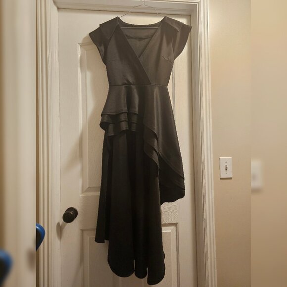 High low ruffle flounce black wrap dress, asymmetrical - Picture 2 of 3